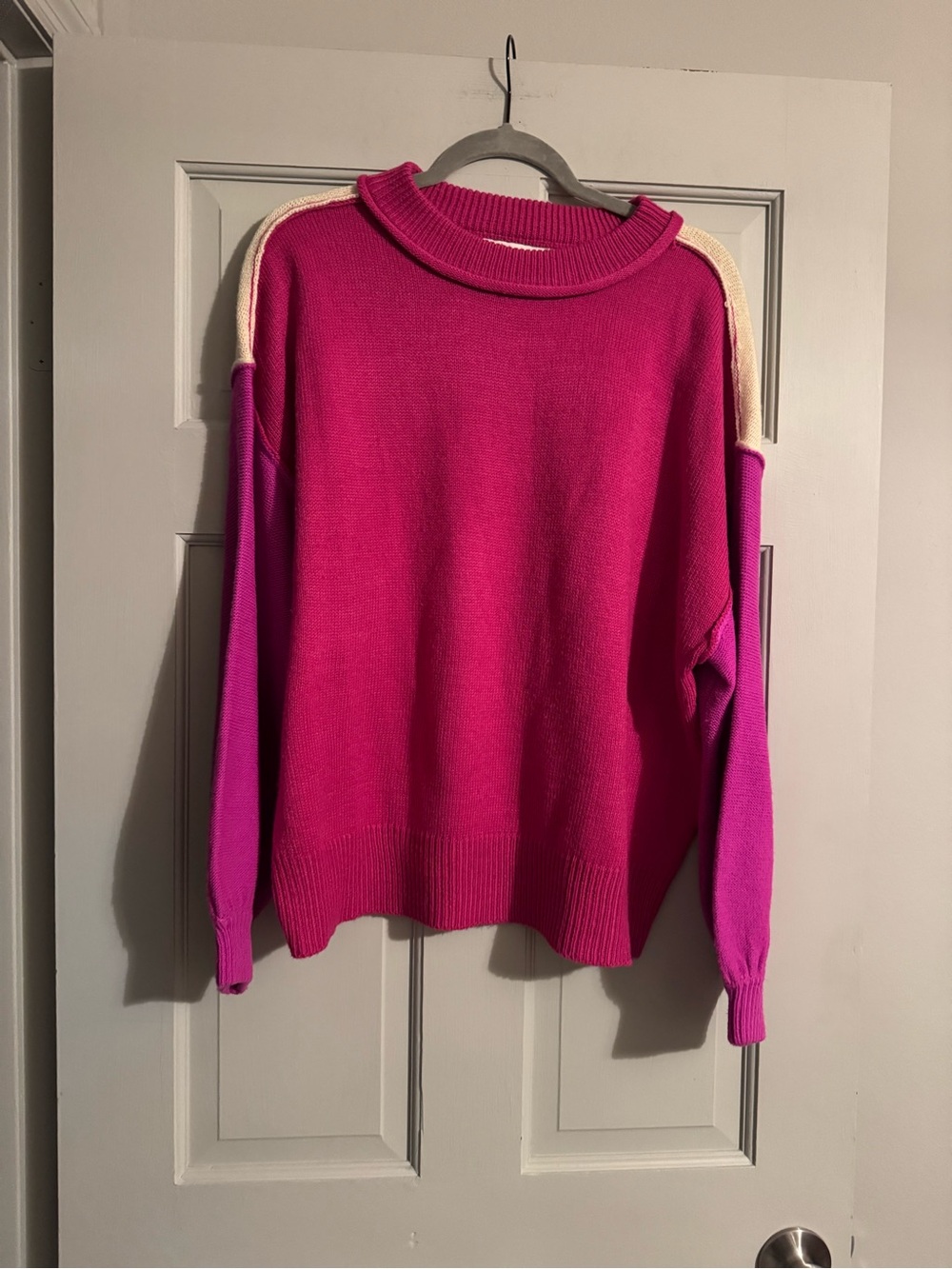 She + Sky Hot Pink and Cream Colorblock Crewneck Sweater